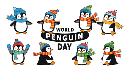 A cute penguin cartoon illustration highlights World Penguin Day with a vector design featuring various penguins wearing colorful hats and scarves, set against a clean white backdrop © Mela mela