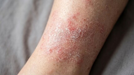 Fototapeta premium Skin Psoriasis or Eczema on Arm Close Up Showing Red Inflamed Flaky Patches and Dry Scales