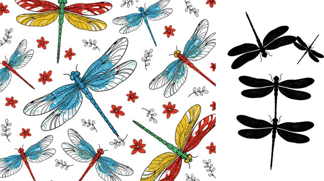 Colorful Hand Drawn Dragonfly Seamless Pattern with Red Flowers and Black Silhouette Collection Vector Illustration Set for Textile Design