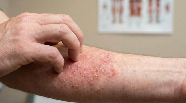 Dermatitis Patient with Dry Red Flaky Skin Scratching Severe Eczema on Forearm in Medical Setting
