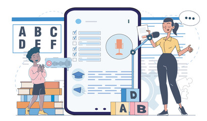 Obraz premium Scene with child and teacher using large mobile device for education in flat style on light background, concept of digital learning. Hand-drawn vector illustration