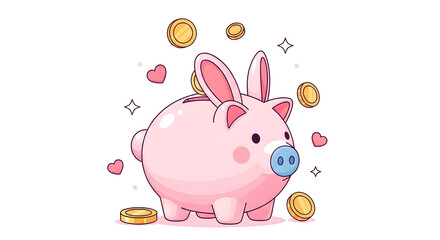 Fototapeta premium Whimsical piggy bank illustration with coins and hearts in a cheerful atmosphere
