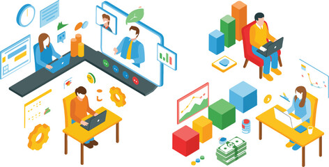 Obraz premium Business work from home icon set, remote office symbols, digital communication and productivity elements, flat vector illustration