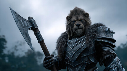 Obraz premium A fierce lion warrior brandishing an axe