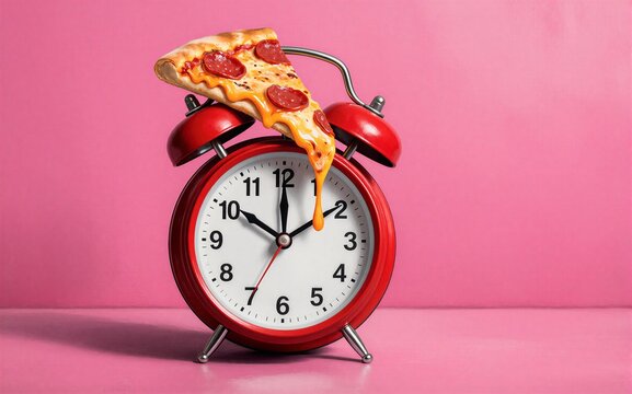 Pizza slice atop alarm clock symbolizing time's fleeting nature
