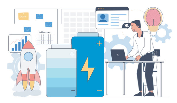 An office worker with laptop near large battery icons, charts and rocket in clean flat style on white background, symbolizing productivity and innovation. Hand-drawn vector illustration