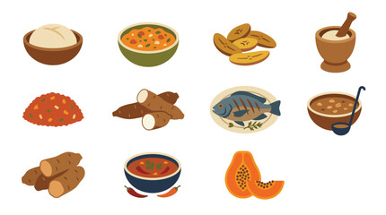 A vibrant collection of diverse food items, including root vegetables, fruits, prepared dishes, and cooking utensils, arranged in a grid. © tr