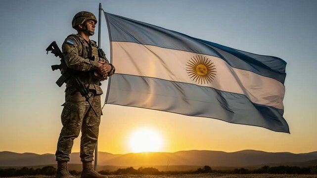 Argentine infantry soldier in camouflage uniform guarding national flag at sunset