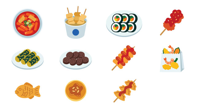 A vibrant collection of popular Korean street food dishes, including tteokbokki, kimbap, and various skewers, presented in a clean, illustrative style.
