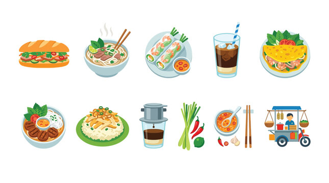 A vibrant collection of delicious Vietnamese dishes and drinks, showcasing iconic culinary delights.