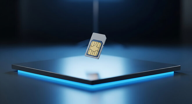 Pixelated SIM card floating above a futuristic illuminated platform, digital technology concept