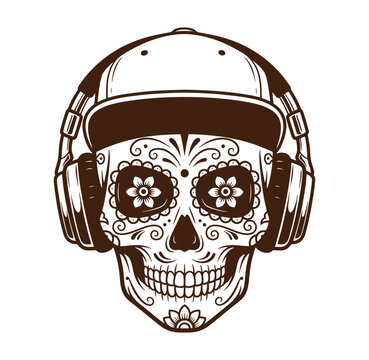 sugar skull wearing headphones and a baseball cap isolated on white background