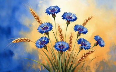 Naklejka premium Blue flowers and golden wheat against a vibrant painterly sky.