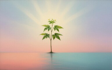 Obraz premium A lone plant stands in water rays of light radiate behind it.