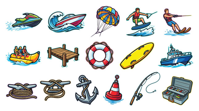 Collection of colorful cartoon illustrations depicting various water sports equipment and marine accessories.