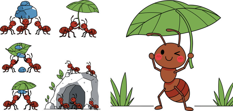 
Cute Cartoon Red Ant Colony Carrying Rock Leaf and Using Leaf as Umbrella Teamwork Vector Illustration Set for Children Design