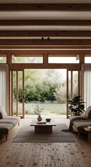 Fototapeta premium Modern living room with large glass doors opening to a lush green garden, natural wood beams, and minimalist furniture, creating a serene and bright atmosphere.