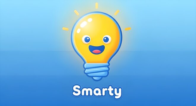 The image features a cute, cartoonish light bulb character named "Smarty" against a vibrant blue gradient background.