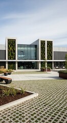 Obraz premium Modern Office Building Exterior with Vertical Gardens and Green Pavement