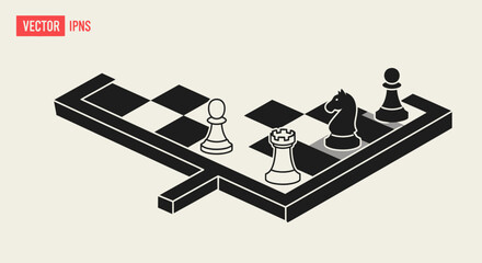 Chess Game Strategy: Isometric View of Pawns, Knight, Rook, and Board © Arto