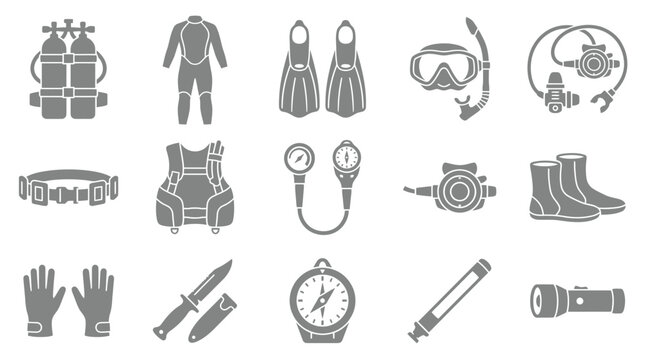 Collection of Scuba Diving Equipment Icons, Including a Wetsuit, Mask, Fins, Tanks, and Other Essential Gear for Underwater Exploration.