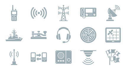 Collection of communication technology icons including radio towers, satellites, radar, and mobile devices. © yuanita