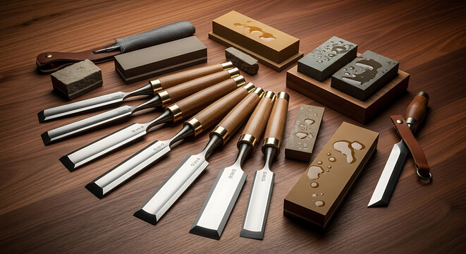 Set of woodworking chisels and sharpening stones arranged on a wooden surface, woodworking tools, craftsmanship concept