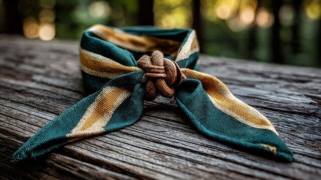 Scouting Neckerchief with Woggle Knot on Weathered Wood Surface