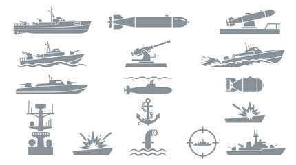 Naklejka premium Collection of detailed vector icons representing various naval vessels, weaponry, and maritime combat elements.