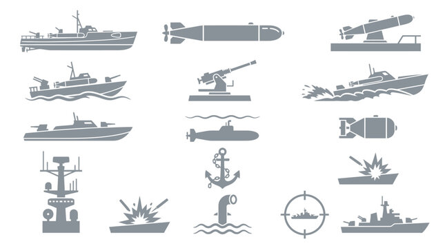 Collection of detailed vector icons representing various naval vessels, weaponry, and maritime combat elements.