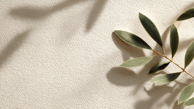 Natural Textured Paper Background with Green Leaves and Soft Shadows