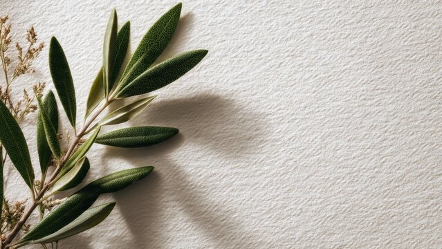 Green Olive Branch on White Textured Paper Background