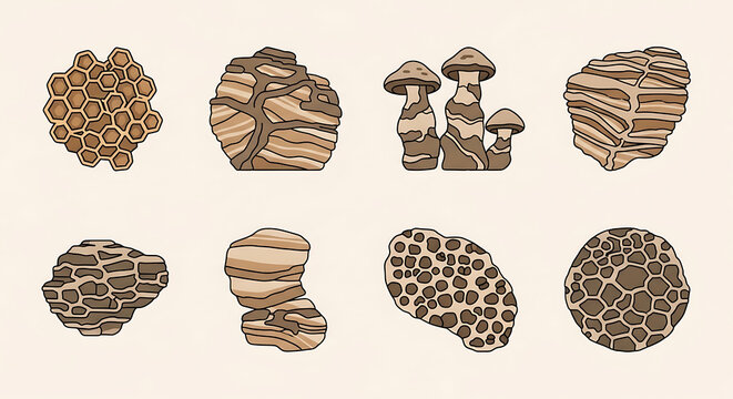 Set of pixel art morel mushrooms in various shapes and textures on a light background, woodland foraging icons, digital illustration