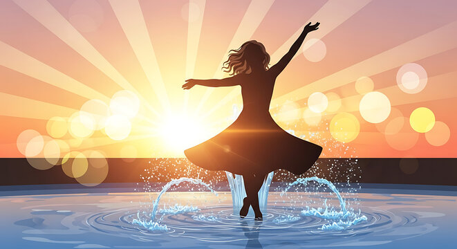 Silhouette of a woman dancing on water at sunset, with sun rays and bokeh lights, conveying freedom and joy