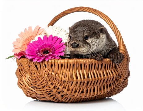 色とりどりの花が入った籠の中に座るコツメカワウソの赤ちゃんのポートレート