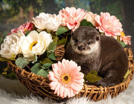 色とりどりの花が入った籠の中に座るコツメカワウソの赤ちゃんのポートレート