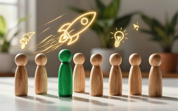 Green pegman leads team toward rocket symbolizing innovation and