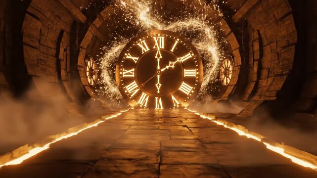 Abstract time tunnel with illuminated clock and particle effects
