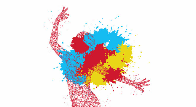 Woman with colorful hair dancing freely.