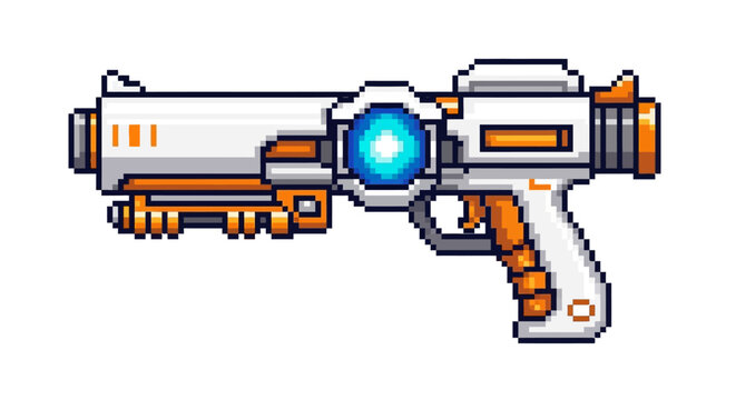 Futuristic Pixel Art Sci-Fi Energy Pistol Weapon.