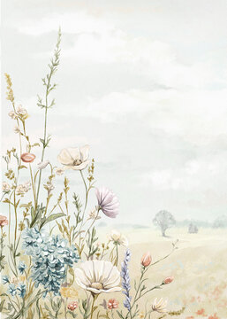 Watercolor vintage composition of summer meadow, field with sky, trees and various wildflowers in the foreground on paper texture. Hand drawn illustration sketch