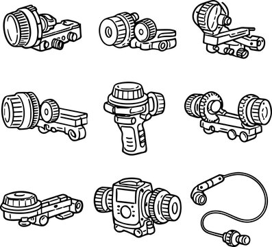 Detailed line art illustrations of various rifle scopes and red dot sight optics