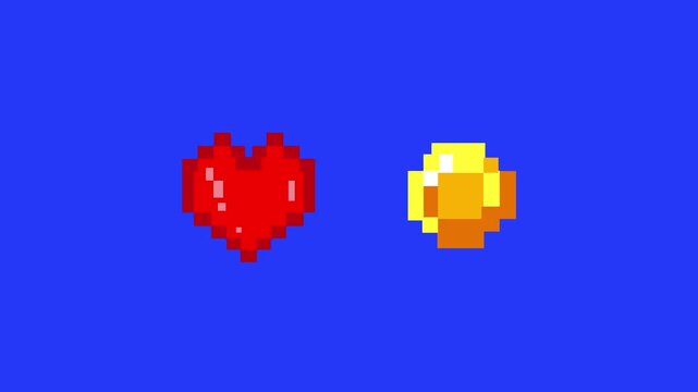 Pixel art style animation of a heart and a coin with a blue background, art, vintage, pixel.