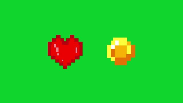 Pixel art style animation of a heart and a coin with a green, background, art, vintage, pixel.