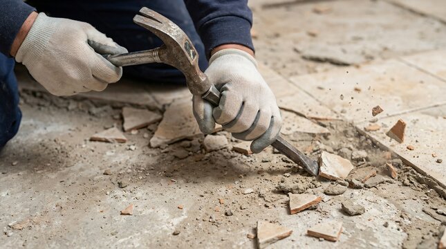 Person wearing gloves is removing broken tiles with a chisel on a construction site floor.