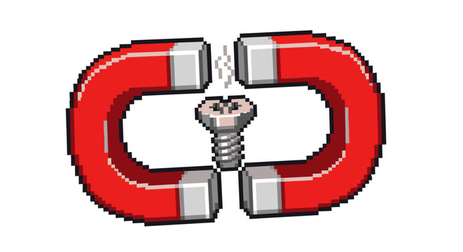 Horseshoe magnets attracting a screw with magnetic force.