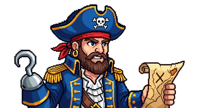 Illustration of a fierce pirate captain holding a treasure map.