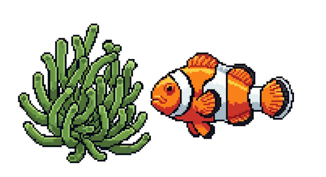 Clownfish Swimming Next to Green Sea Anemone Illustration.