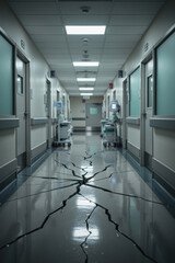 Obraz premium Hospital corridor with fractured reflective floor and moody late sunset lighting