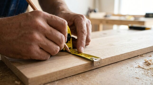 A person measures wood with a tape on a workshop table using hands and tools.